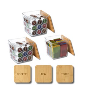 May include: Three clear plastic storage containers with bamboo-colored lids and labels. The containers hold coffee pods, tea bags, and other items. The labels read "Coffee", "Tea", and "Stuff".
