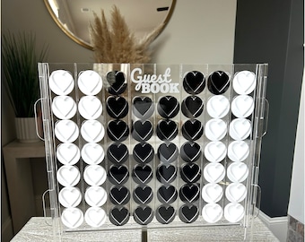 Wedding Guest Book Alternative- 16"X15" Connect-4-Hearts Acrylic Boho Drop Box Frame with 2 Pens, 54Pcs Tokens for Wedding Sign Table Decor