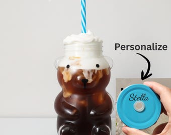 Bear Shaped Coffee Cup, Personalized Bear Glass Mug, Engraved Iced Coffee Cup with Straw, Cute Animal Coffee Mug, Custom Coffee Lovers Gift