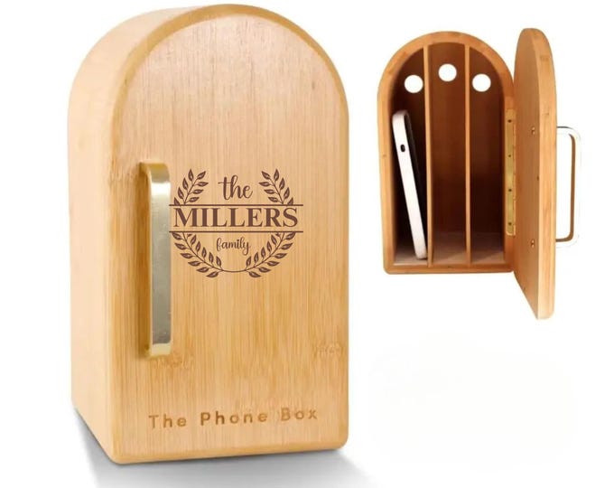Personalized Wooden Phone Box, Custom Phone Holder for Quality Time, Family Time Phone Storage, Holds up to 6 Phones, Productivity Gift