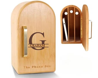 Customized Wooden Phone Box, Engraved Phone Holder for Quality Time, Family Time Phone Storage, Holds up to 6 Phones, Productivity Gift