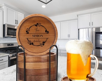 Personalized Wooden Coaster Set with Metal Holder, Custom Engraved Drink Coaster for Home, Wedding Gift, Housewarming Gift, Rustic Bar Decor