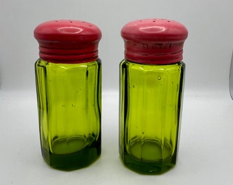 Vintage Green Glass Salt & Pepper Shakers