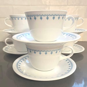 Set of 6 - Snowflake Blue Vintage Corelle Teacups & Saucers