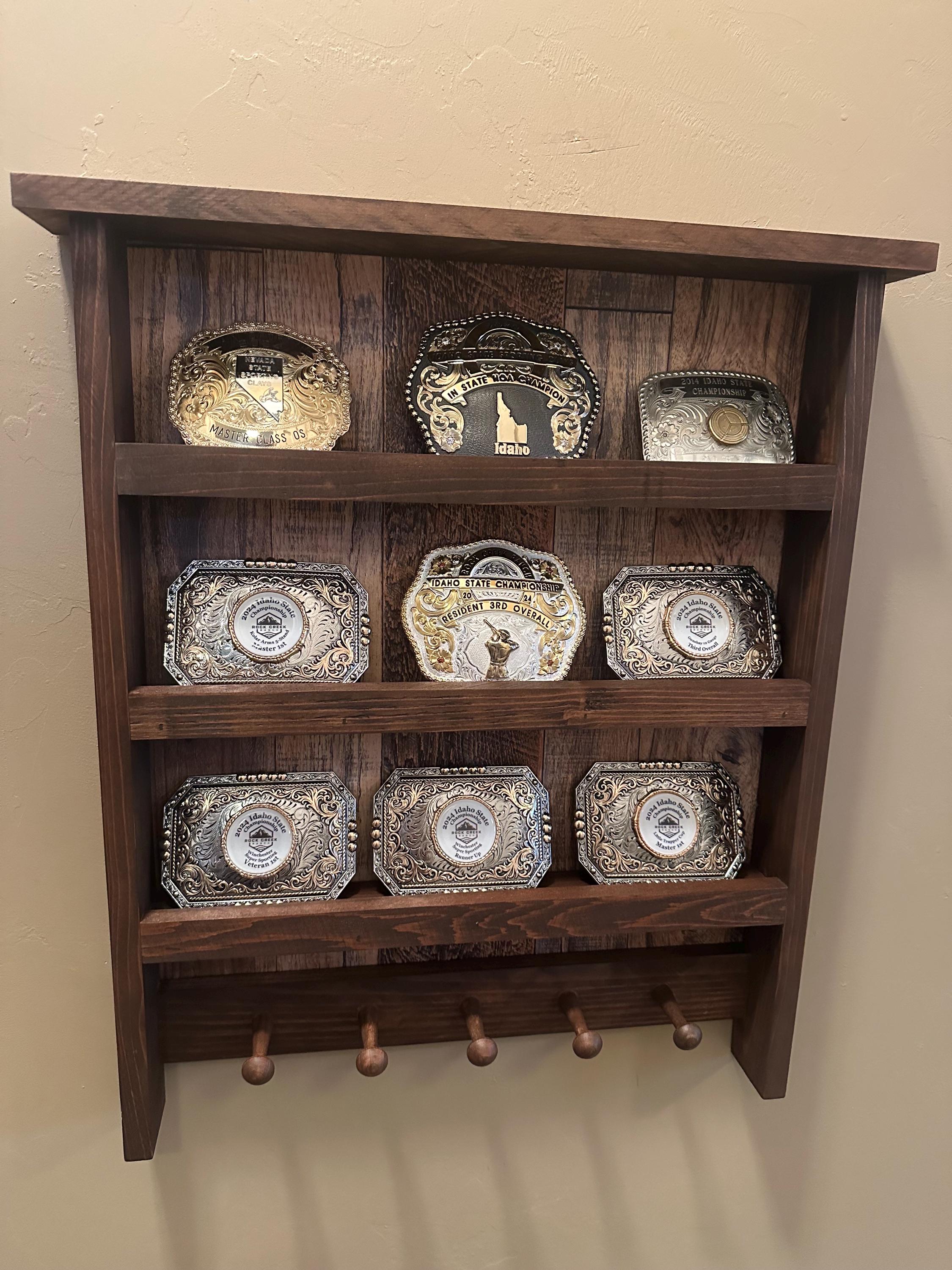 9 Belt Buckle & Ribbon Display 20.5H X 18.25W X 2.5D. Faux Barnwood ...