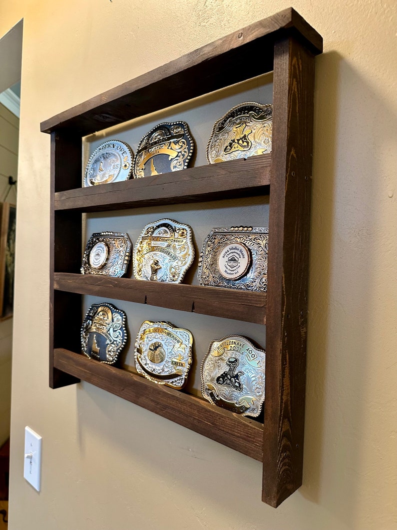 9 Belt Buckle Display Shelf 18.5H X 18.25W X 2.5D Rustic Barnwood Style ...