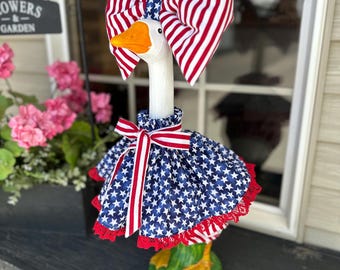Handmade for a 19.6” porch goose.  Celebrate Independence Day-4th of July with this patriotic bow, shirt and bloomers