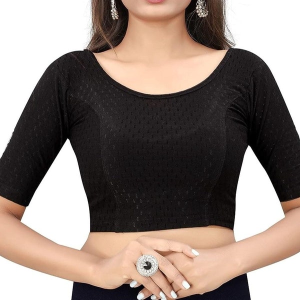Round Neck Dobby Cotton Lycra Stretchable Elbow Sleeve Readymade Saree Blouse for Women Stylish