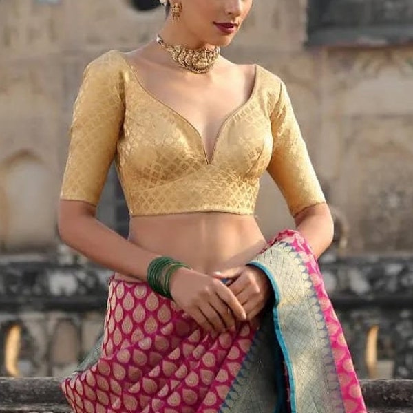Made to Order Golden woven design saree blouse, brocade saree blouse, Blouse for Women, Indian Art Blouse