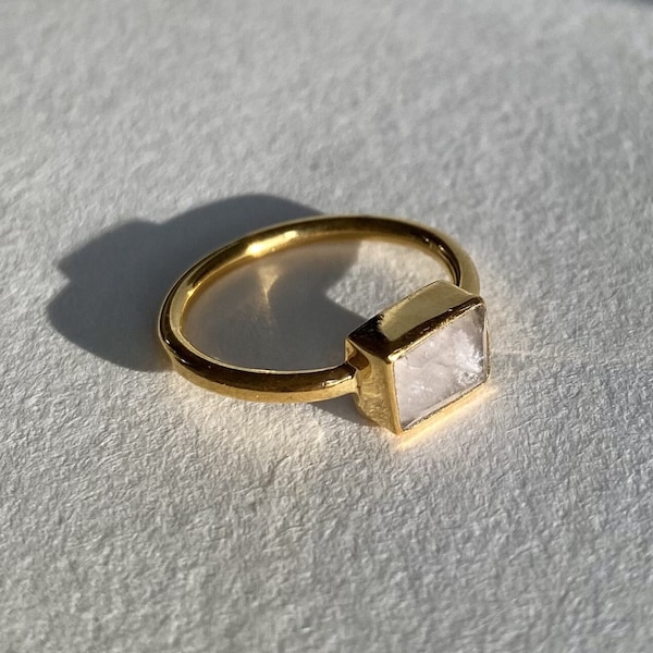 Smoky Rose Quartz Ring | Baguette Gemstone | 18K Gold Plated