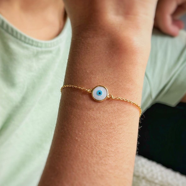 Mother of Pearl Evil Eye Bracelet | 18k Gold Plated | Gemstone Bracelet