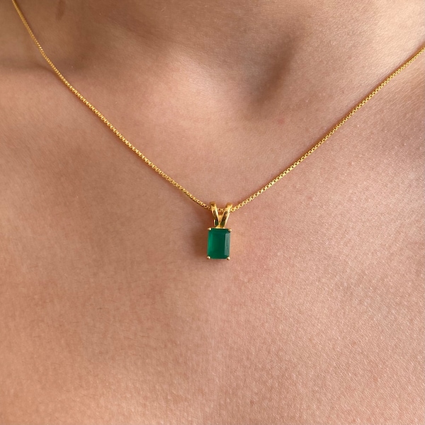 Green Onyx Necklace | Rectangle Pendant | 18K Gold Plated