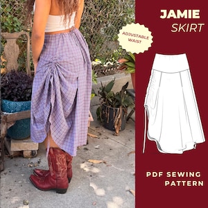 Puede incluir: Una falda de cuadros vichy en color morado y blanco con un cordón lateral que crea un efecto fruncido. La imagen incluye un dibujo técnico de la falda con las etiquetas JAMIE SKIRT, ADJUSTABLE WAIST y PDF SEWING PATTERN sobre fondo rojo.