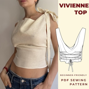 Cartamodello PDF per top estivo in lino | Blusa con scollo a cascata sulla schiena | Top in raso con laccetti sul retro | Taglie dalla XXS alla XXL | Progetto adatto ai principianti