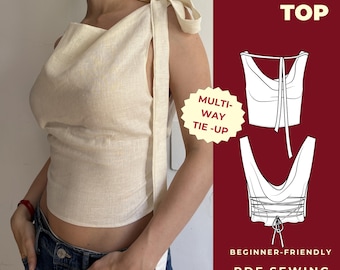 Wykrój lnianego topu Vivienne z odkrytymi plecami w formacie PDF | Letnia bluzka z wiązaniem na plecach | Minimalistyczny top z golfem | Dla początkujących | XXS–3XL