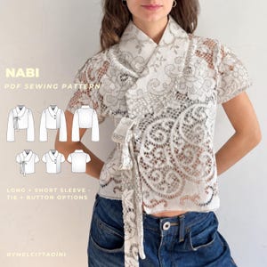 May include: A white lace wrap top with short sleeves and a tie closure. The text NABI PDF SEWING PATTERN is visible, along with technical line drawings showing long and short sleeve options, tie and button closures, and the text BYMELCITTADINI.
