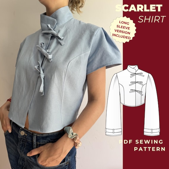Scarlet ARC Tie-Front Shirt Top Sewing Pattern PDF | Short & Long Sleeve Top | Japandi Top | Advanced Beginner | xxs - xxl