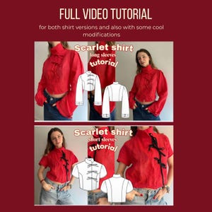 Może przedstawiać: Obraz z samouczkiem dotyczącym czerwonej koszuli, z tekstem "FULL VIDEO TUTORIAL". Przedstawia kobietę w czerwonej koszuli i rysunki wzoru koszuli. Widoczny jest r&oacute;wnież tekst "Scarlet shirt".