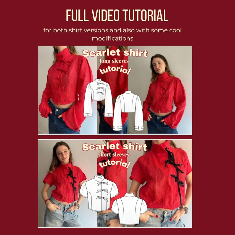 Może przedstawiać: Obraz z samouczkiem dotyczącym czerwonej koszuli, z tekstem "FULL VIDEO TUTORIAL". Przedstawia kobietę w czerwonej koszuli i rysunki wzoru koszuli. Widoczny jest r&oacute;wnież tekst "Scarlet shirt".