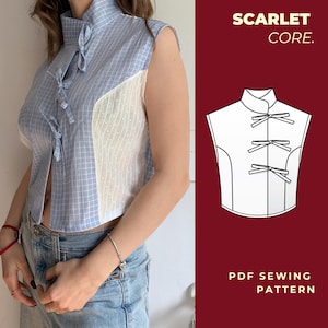 Scarlet CORE Sleeveless Tie-Front Shirt PDF Sewing Pattern | Advanced Beginner Summer Top | Modern Linen Blouse | japandi top | xxs–xxl