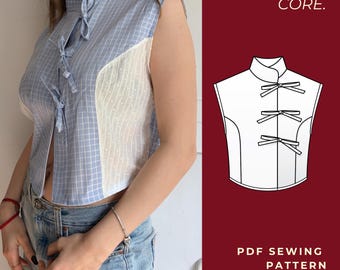 Koszula Scarlet CORE bez rękawów z wiązaniem z przodu – wzór w formacie PDF | Letnia bluzka dla początkujących | Nowoczesna bluzka lniana | Top japoński | xxs–xxl