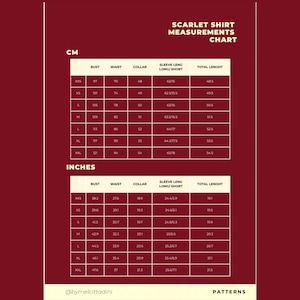 Może przedstawiać: Bordowa tabela zatytułowana "SCARLET SHIRT MEASUREMENTS CHART" z wymiarami w centymetrach i calach. Tabela zawiera wymiary biustu, talii, kołnierza, długości rękawa i całkowitej długości dla rozmiar&oacute;w od XXS do XXL.