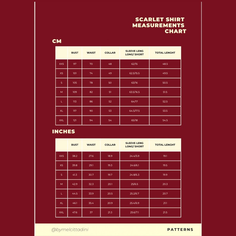 Może przedstawiać: Bordowa tabela zatytułowana "SCARLET SHIRT MEASUREMENTS CHART" z wymiarami w centymetrach i calach. Tabela zawiera wymiary biustu, talii, kołnierza, długości rękawa i całkowitej długości dla rozmiar&oacute;w od XXS do XXL.