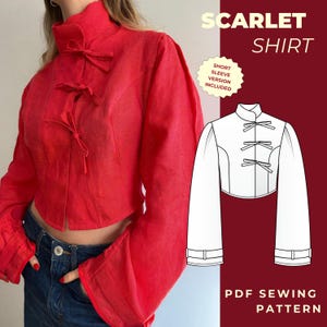 Op de afbeelding: Een scharlakenrood shirt met een hoge kraag en strikdetails. Het shirt heeft lange mouwen met uitlopende manchetten. De afbeelding bevat ook een lijntekening van het shirt en de tekst "SCARLET SHIRT" en "PDF SEWING PATTERN".