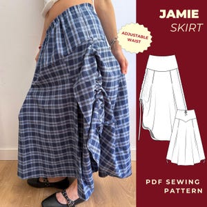 Puede incluir: Una falda de cuadros azules y blancos con cintura ajustable y un detalle fruncido en el lateral. La imagen incluye el texto JAMIE SKIRT, ADJUSTABLE WAIST y PDF SEWING PATTERN, junto a un dibujo técnico del diseño de la falda.