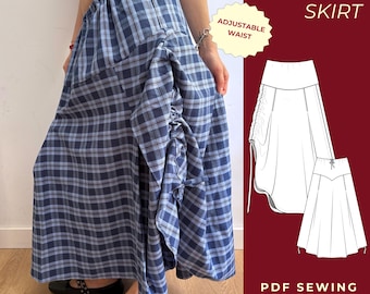 Wykrój spódnicy Jamie Maxi w formacie PDF | Spódnica ze ściągaczem i marszczeniami | Długa spódnica z marszczeniami po bokach | Rozmiary od XXS do 3XL i 4XL