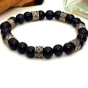 Blue Sandstone Gemstone Bracelet with Silver Plated Geometric Engraved Beads