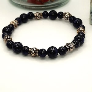 Blue Sandstone Gemstone Bracelet with 7mm Antiqued Silver Plated Engraved Spacer Bead