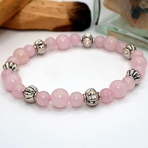 Rose Quartz Gemstone Bracelet with 8mm Antiqued Sterling Silver Plated Spacer Bead