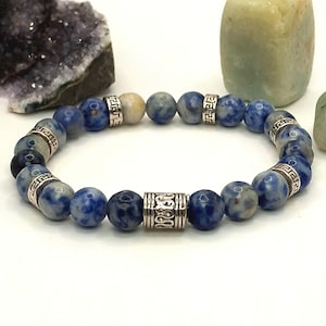 Sodalite Gemstone Bracelet with Silver Plated Geometric Tube Beads