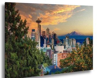 Seattle Washington Skyline Line Art Print, Oil Paint Photo Effect, Seattle Space Needle Photo Art, Mount Rainier art, Seattle Skyline Poster