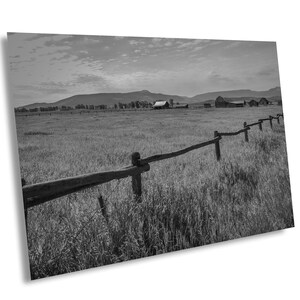 Rustic Landscape: Wooden Fence, Field and Mountains, Mormon Row, Moose Wyoming, landscape print-wall art, Nature photo black and white,