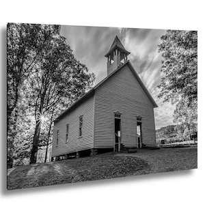 Historic Black and White Cades Cove Methodist Church in Great Smoky Mountains, Tennessee Art, National Park Photograph, Vintage Church Print