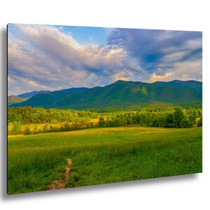 Cades Cove scenic landscape wall art, Smoky Mountains sunset photography print, Tennessee mountain range painting look wall art, nature art