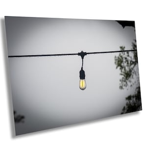 Rainy Day Light, Lightbulb Home Decor Canvas Art Print, Glowing lightbulb artwork, moody outdoor art, Bulb Abstract decor, Electrician