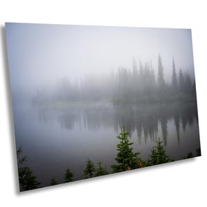 Tree Fog at Reflection Lake wall hanging, PNW, Nature decoration wall art, Boho Photo Art, Washington state, Pine trees forest art.