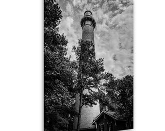 Currituck Lighthouse Black and White Photography, Coastal Beach Decor, Nautical Wall Art Print, OBX Wall Art Photo, Modern Lighthouse Art