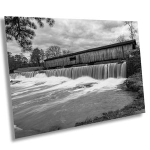 Watson Mill State Park Covered Bridge and Waterfall in Black and White, Covered Bridge Wall Art, Georgia State Parks, Rustic wall art decor