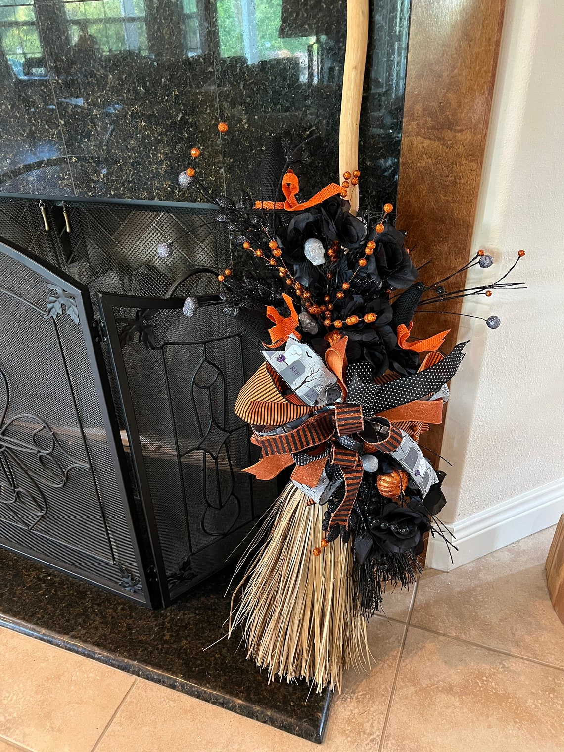 Halloween Witches Broom Front Door Swag Witches Broom Etsy