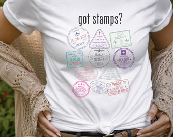 Got Stamps? Passport Stamp Pattern T-Shirt - Show Off Your Wanderlust - Unique Travel Tee - Gifts for Her - Unisex Jersey Short Sleeve Tee