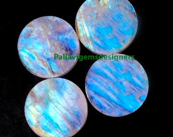 Blue Fired Natural Rainbow Moonstone Calibrated Loose Flat Round Coin/Discs Cabochons 7 8 9 10 11 12 13 14 15 16 18 20 22 28 30 mm