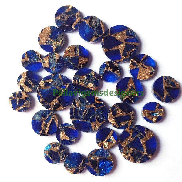 Cabujones sueltos calibrados de monedas/discos planos de cobre y lapislázuli azul (7, 8, 9, 10, 11, 12, 13, 14, 15, 16, 18, 20, 22, 24 y 25 mm)