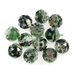 May include: A collection of 10 green moss agate cabochons, each with a unique pattern of green and white dendrites. The cabochons are faceted and have a smooth, polished finish.