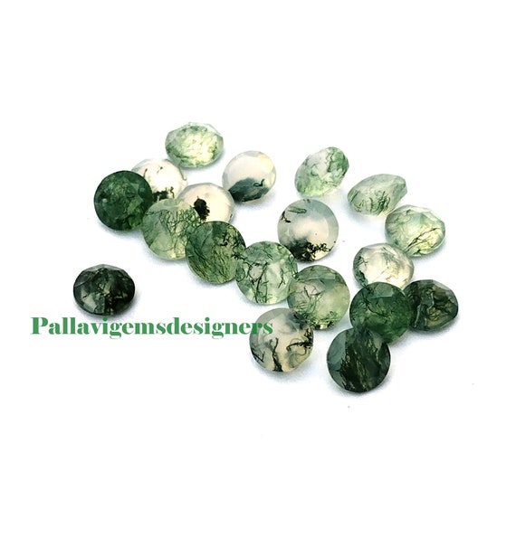 ★stone 90s グリーンエッジ ウインドローズ★ Natural Green Tree Moss Agate Faceted Round Loose Calibrated