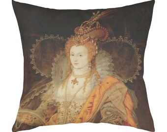 May include: A throw pillow featuring a portrait of Queen Elizabeth I, with a gold and white ruff collar, a red and gold crown, and a yellow and orange gown. The background is a dark brown.