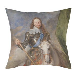May include: A painting of a man in armor riding a white horse. He is holding a staff in his right hand and has a blue sash across his chest. The background is a cloudy sky with a green curtain on the right side.